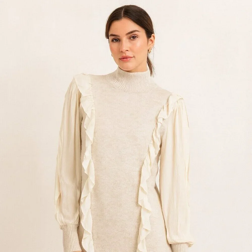 FIGARO Beige Sweater Long Sleeve Ruffle Knit Mini Dress  Quiet Luxury Size 2